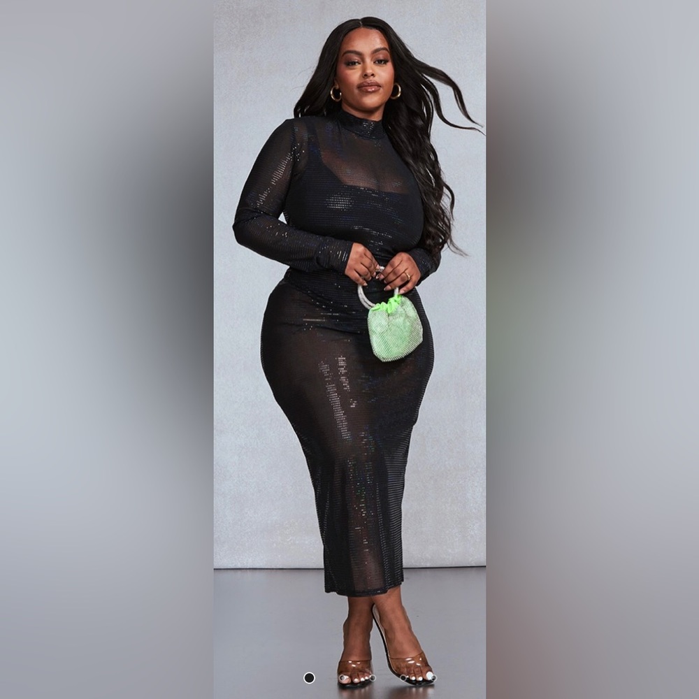 Pretty Little Thing Plus Size Black Sequin Glitter Sexy Sheer Mesh Midi Dress